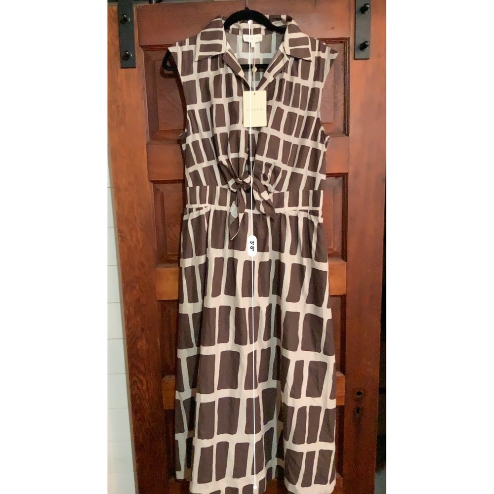 Entro Brown Cream Geometric Block Print Tie Front Sleeveless Midi Dress Lg NWT